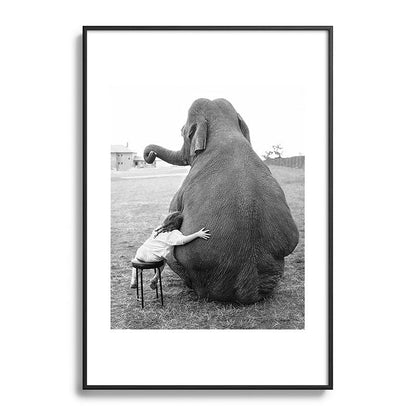 Odd Best Friends, Sweet Little Girl hugging elephant black and white photograph Framed Art Print Gallery Image 113