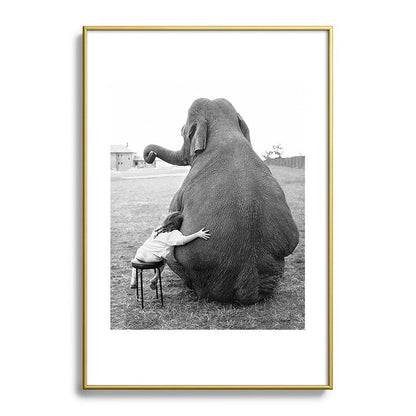 Odd Best Friends, Sweet Little Girl hugging elephant black and white photograph Framed Art Print Gallery Image 123