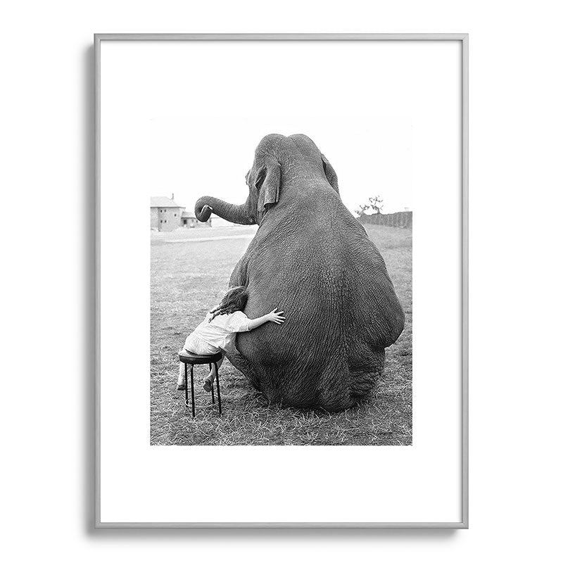 Odd Best Friends, Sweet Little Girl hugging elephant black and white photograph Framed Art Print Gallery Image 135