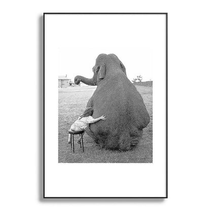 Odd Best Friends, Sweet Little Girl hugging elephant black and white photograph Framed Art Print Gallery Image 117