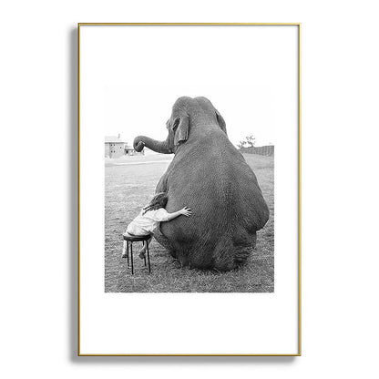 Odd Best Friends, Sweet Little Girl hugging elephant black and white photograph Framed Art Print Gallery Image 128