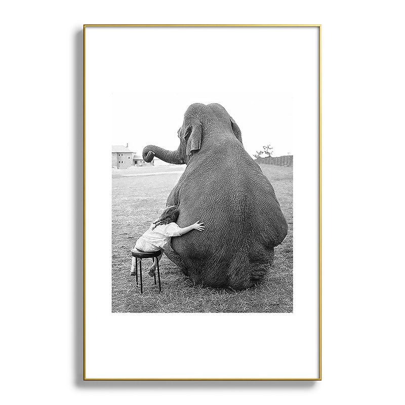 Odd Best Friends, Sweet Little Girl hugging elephant black and white photograph Framed Art Print Gallery Image 127