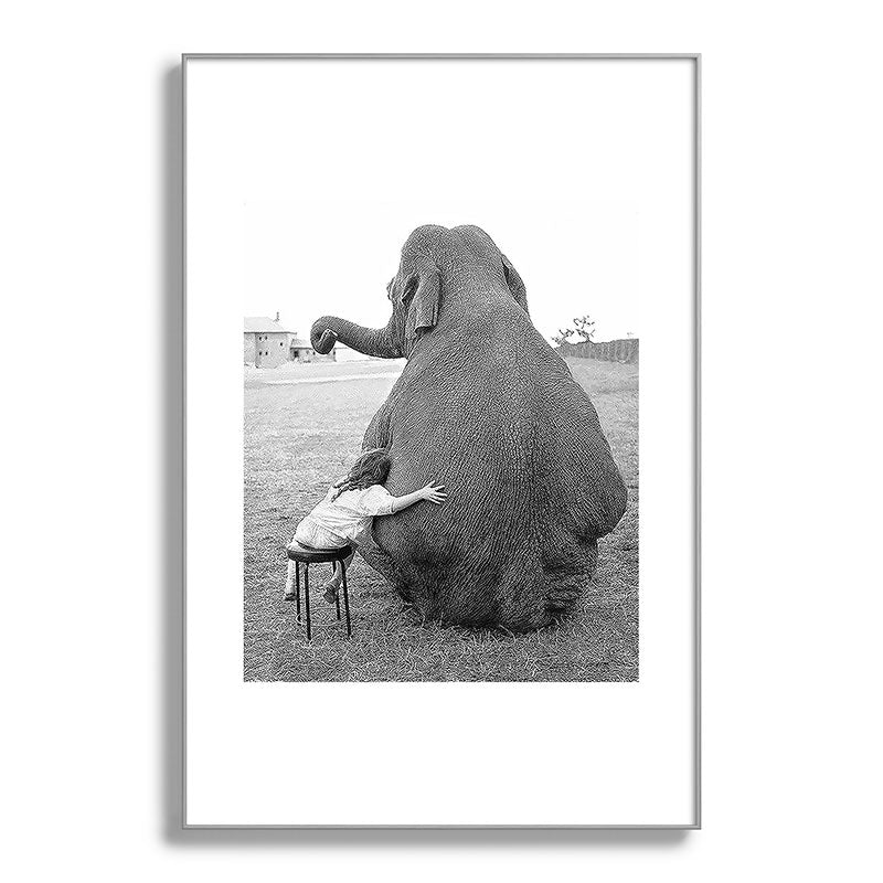 Odd Best Friends, Sweet Little Girl hugging elephant black and white photograph Framed Art Print Gallery Image 138