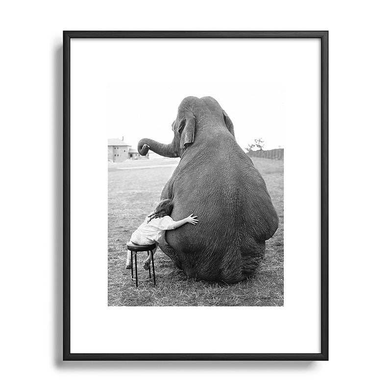 Odd Best Friends, Sweet Little Girl hugging elephant black and white photograph Framed Art Print Gallery Image 112