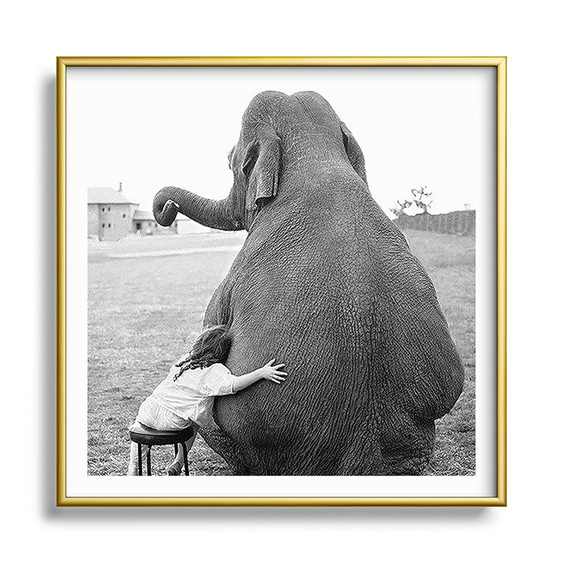 Odd Best Friends, Sweet Little Girl hugging elephant black and white photograph Framed Art Print Gallery Image 133