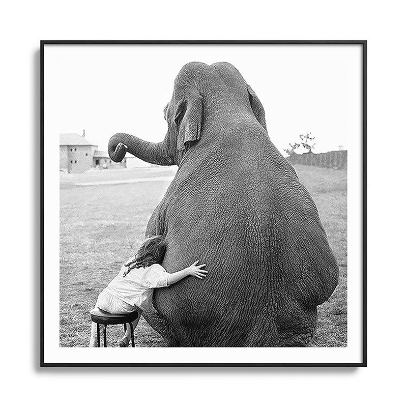 Odd Best Friends, Sweet Little Girl hugging elephant black and white photograph Framed Art Print Gallery Image 126