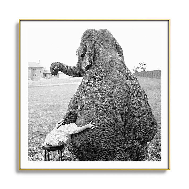 Odd Best Friends, Sweet Little Girl hugging elephant black and white photograph Framed Art Print Gallery Image 136
