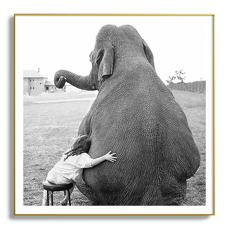 Odd Best Friends, Sweet Little Girl hugging elephant black and white photograph Framed Art Print Gallery Image 139