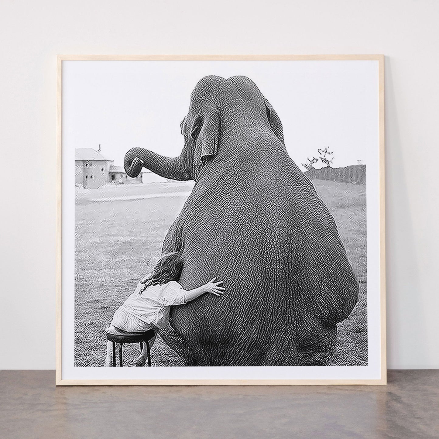 Odd Best Friends, Sweet Little Girl hugging elephant black and white photograph Framed Art Print Gallery Image 33