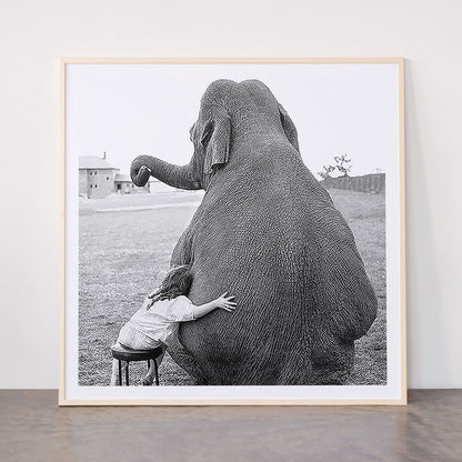 Odd Best Friends, Sweet Little Girl hugging elephant black and white photograph Framed Art Print Gallery Image 33