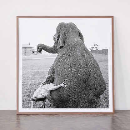 Odd Best Friends, Sweet Little Girl hugging elephant black and white photograph Framed Art Print Gallery Image 21