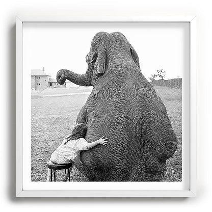 Odd Best Friends, Sweet Little Girl hugging elephant black and white photograph Framed Art Print Gallery Image 118