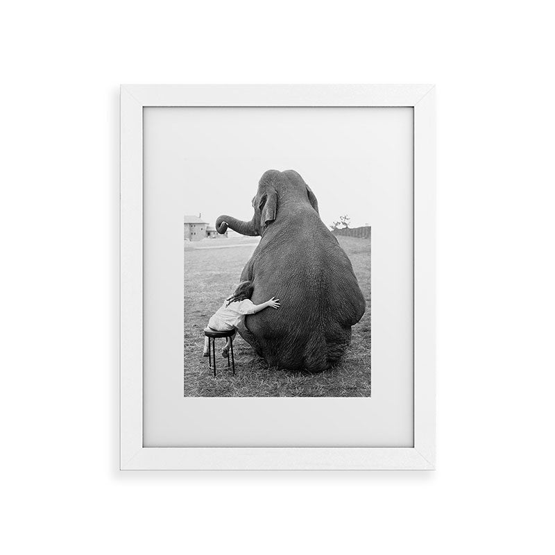 Odd Best Friends, Sweet Little Girl hugging elephant black and white photograph Framed Art Print Gallery Image 69