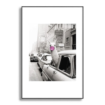 Perfect Pink Bubble Gum Llama taking a New York Taxi black and white photograph Framed Art Print Gallery Image 119