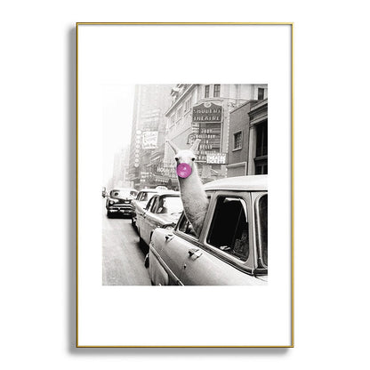 Perfect Pink Bubble Gum Llama taking a New York Taxi black and white photograph Framed Art Print Gallery Image 127