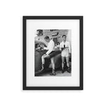 Texas love, male drive-in car hops in shorts and cowboy boots at drive in tavern near Love Field Airport in Dallas vintage black and white photograph - photography - photographs Framed Art Print Gallery Image 1