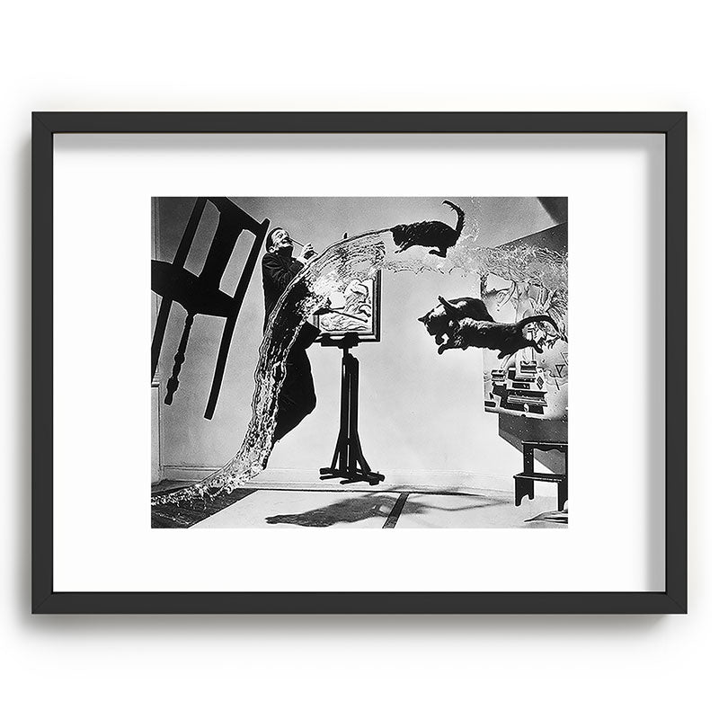 Dalí Atomicus, Salvador Dali painting with flying cats and water spurts surrealism / surrealist black and white photograph / photography by Philippe Halsman Framed Art Print Gallery Image 84