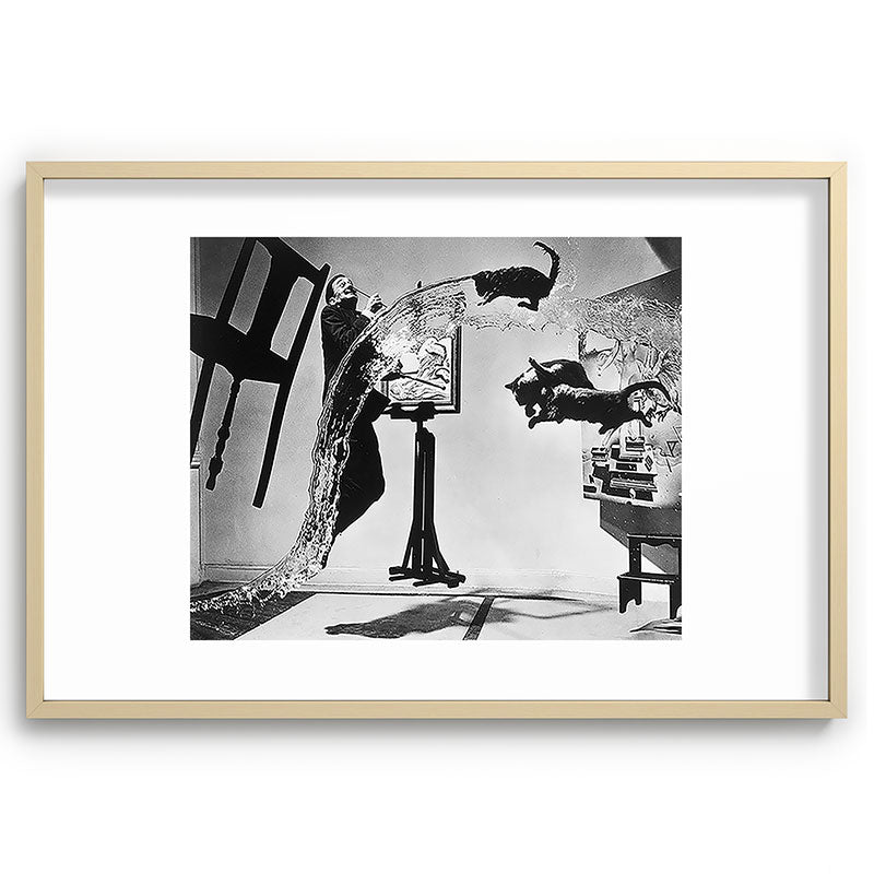 Dalí Atomicus, Salvador Dali painting with flying cats and water spurts surrealism / surrealist black and white photograph / photography by Philippe Halsman Framed Art Print Gallery Image 102