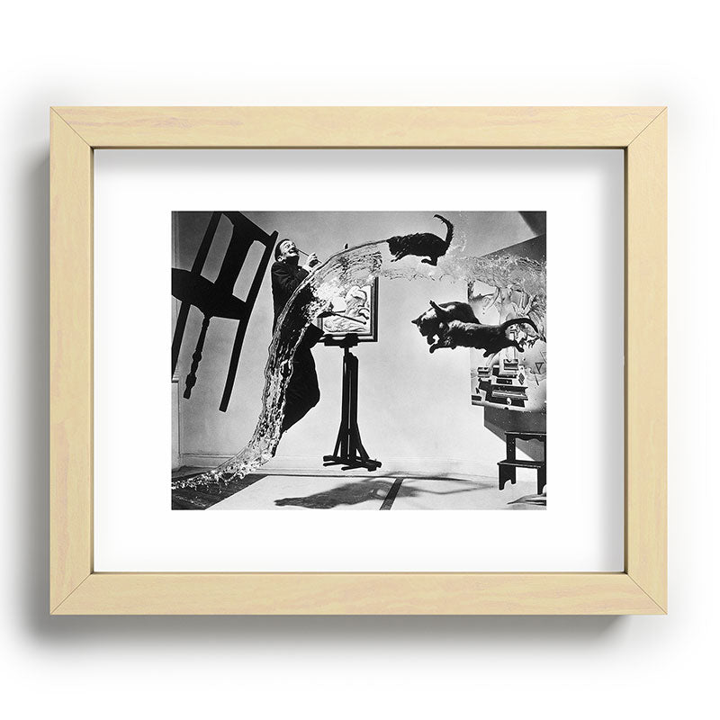 Dalí Atomicus, Salvador Dali painting with flying cats and water spurts surrealism / surrealist black and white photograph / photography by Philippe Halsman Framed Art Print Gallery Image 96