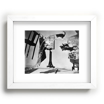 Dalí Atomicus, Salvador Dali painting with flying cats and water spurts surrealism / surrealist black and white photograph / photography by Philippe Halsman Framed Art Print Gallery Image 104