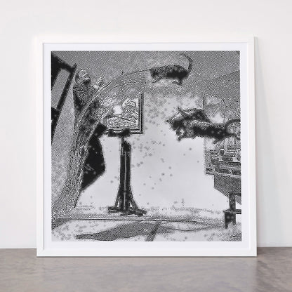 Dalí Atomicus, Salvador Dali painting with flying cats and water spurts surrealism / surrealist black and white photograph / photography by Philippe Halsman Framed Art Print Gallery Image 87