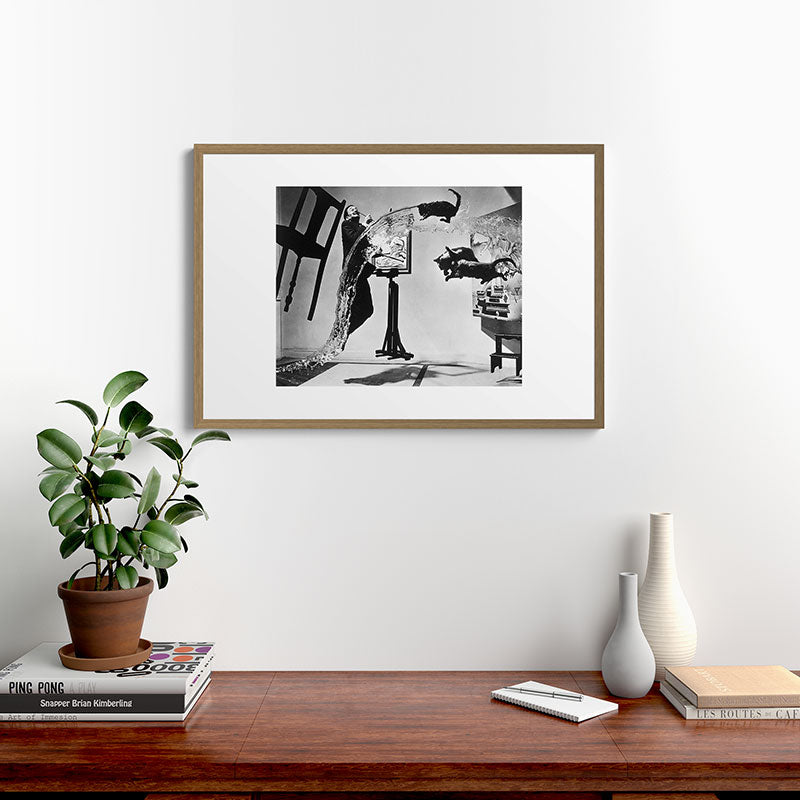 Dalí Atomicus, Salvador Dali painting with flying cats and water spurts surrealism / surrealist black and white photograph / photography by Philippe Halsman Framed Art Print Gallery Image 18
