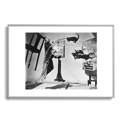Dalí Atomicus, Salvador Dali painting with flying cats and water spurts surrealism / surrealist black and white photograph / photography by Philippe Halsman Framed Art Print Gallery Image 132