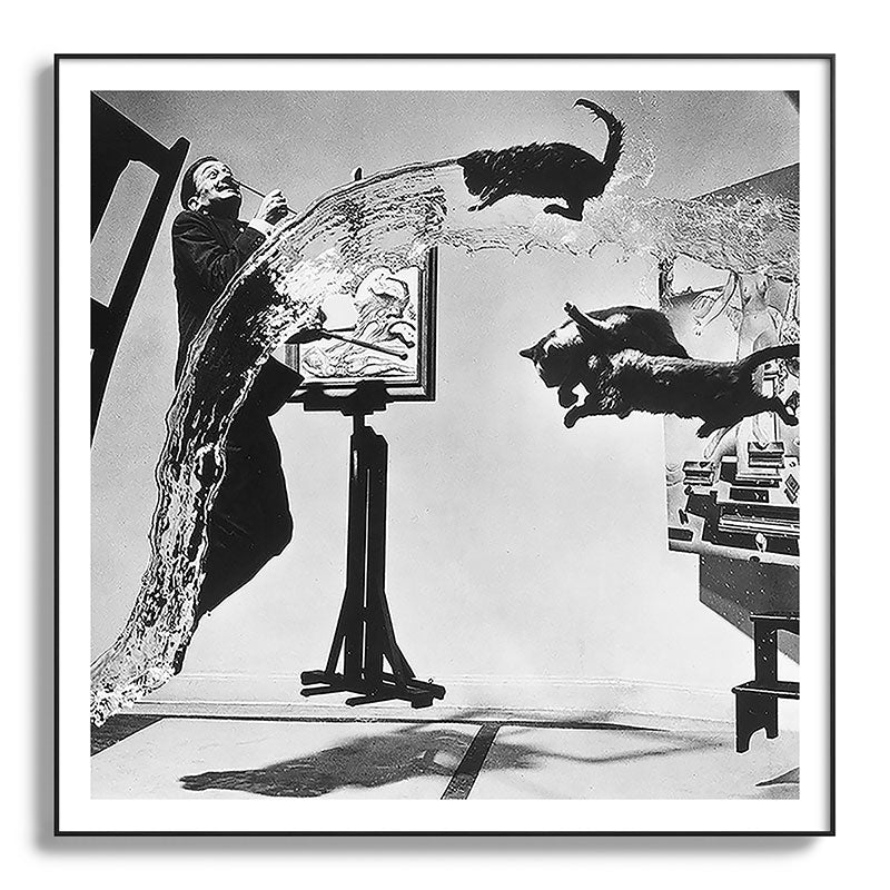 Dalí Atomicus, Salvador Dali painting with flying cats and water spurts surrealism / surrealist black and white photograph / photography by Philippe Halsman Framed Art Print Gallery Image 130