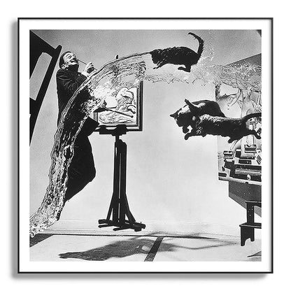 Dalí Atomicus, Salvador Dali painting with flying cats and water spurts surrealism / surrealist black and white photograph / photography by Philippe Halsman Framed Art Print Gallery Image 130