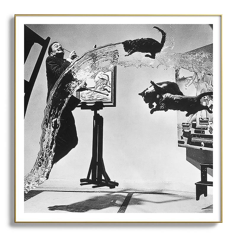 Dalí Atomicus, Salvador Dali painting with flying cats and water spurts surrealism / surrealist black and white photograph / photography by Philippe Halsman Framed Art Print Gallery Image 139