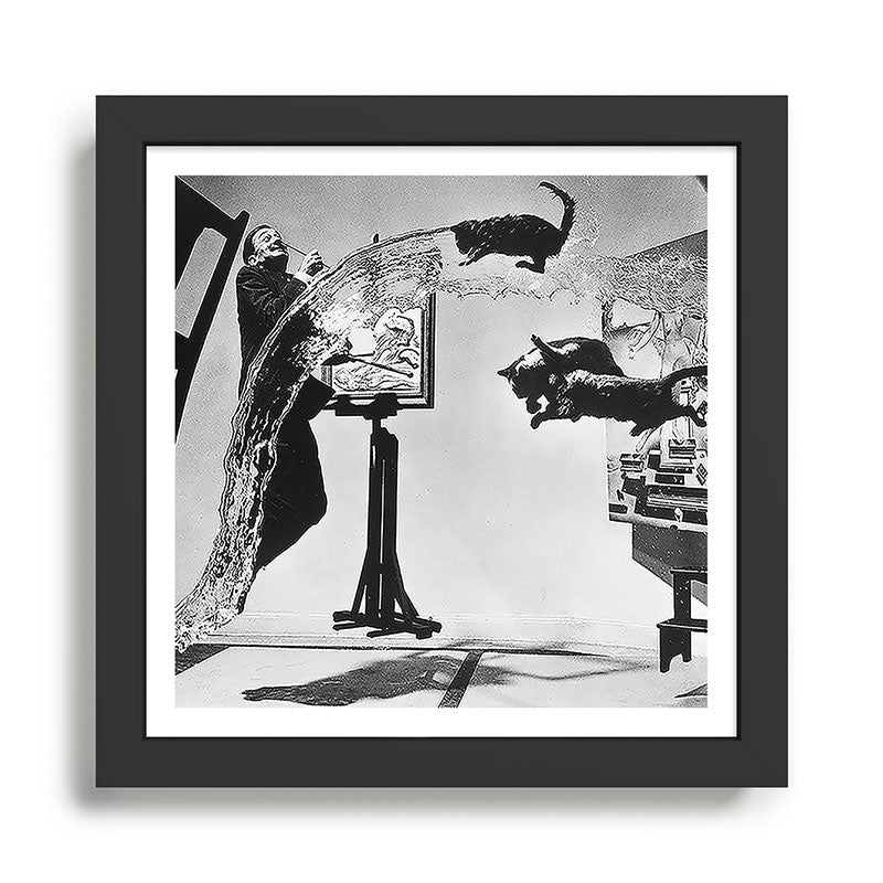 Dalí Atomicus, Salvador Dali painting with flying cats and water spurts surrealism / surrealist black and white photograph / photography by Philippe Halsman Framed Art Print Gallery Image 2