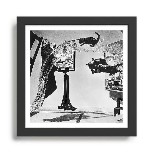 Dalí Atomicus, Salvador Dali painting with flying cats and water spurts surrealism / surrealist black and white photograph / photography by Philippe Halsman Framed Art Print Gallery Image 2