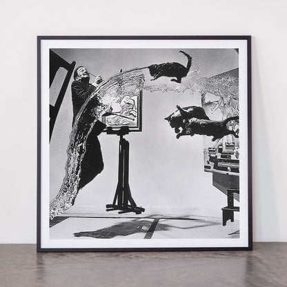 Dalí Atomicus, Salvador Dali painting with flying cats and water spurts surrealism / surrealist black and white photograph / photography by Philippe Halsman Framed Art Print Gallery Image 11