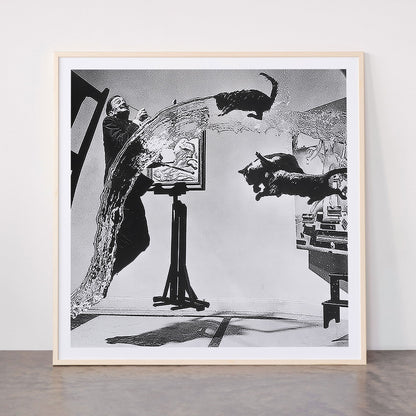 Dalí Atomicus, Salvador Dali painting with flying cats and water spurts surrealism / surrealist black and white photograph / photography by Philippe Halsman Framed Art Print Gallery Image 33