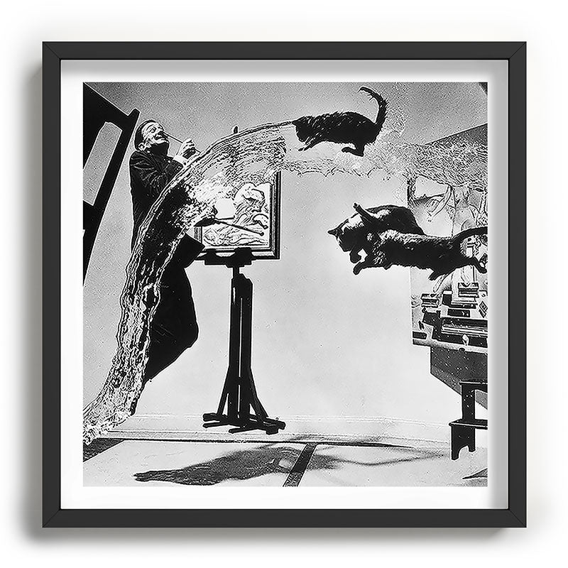 Dalí Atomicus, Salvador Dali painting with flying cats and water spurts surrealism / surrealist black and white photograph / photography by Philippe Halsman Framed Art Print Gallery Image 93