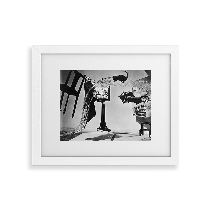 Dalí Atomicus, Salvador Dali painting with flying cats and water spurts surrealism / surrealist black and white photograph / photography by Philippe Halsman Framed Art Print Gallery Image 73