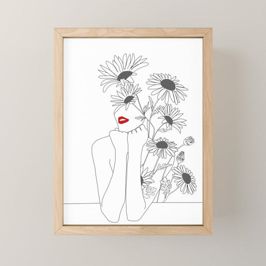 Minimal Line Art Girl with Sunflowers Mini Art Print Gallery Image 1