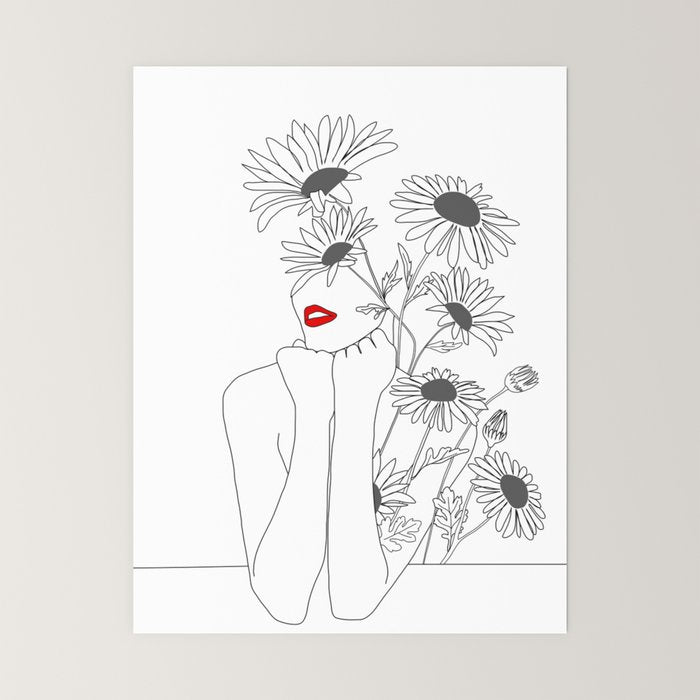 Minimal Line Art Girl with Sunflowers Mini Art Print Gallery Image 6