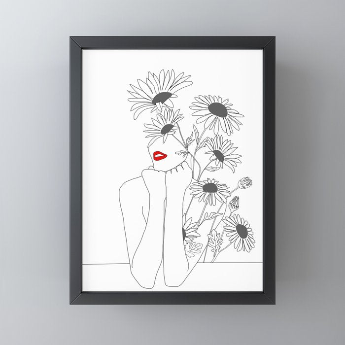 Minimal Line Art Girl with Sunflowers Mini Art Print Gallery Image 3