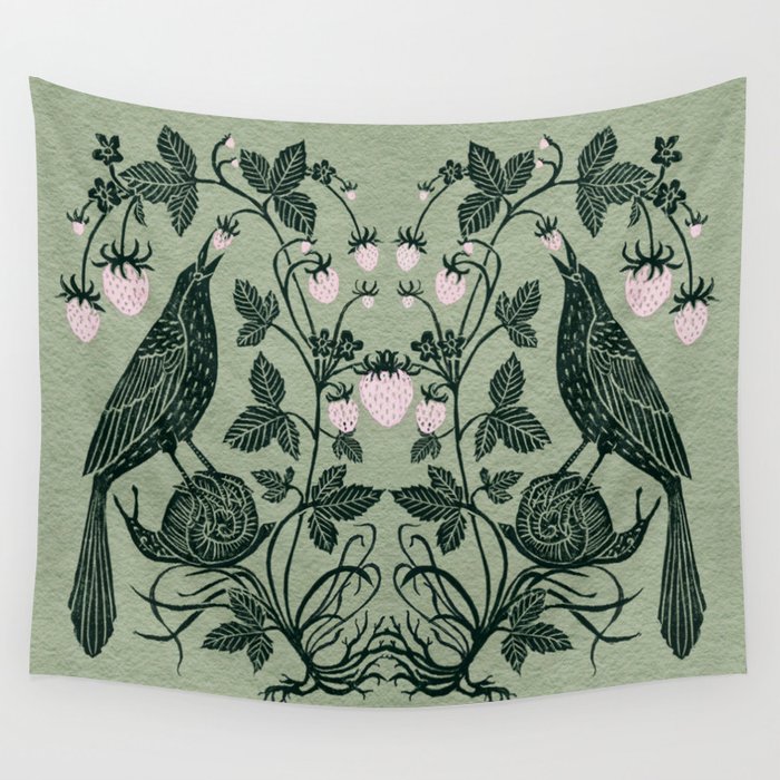 Birds and Snails with Strawberries Wall Tapestry Gallery Image 1