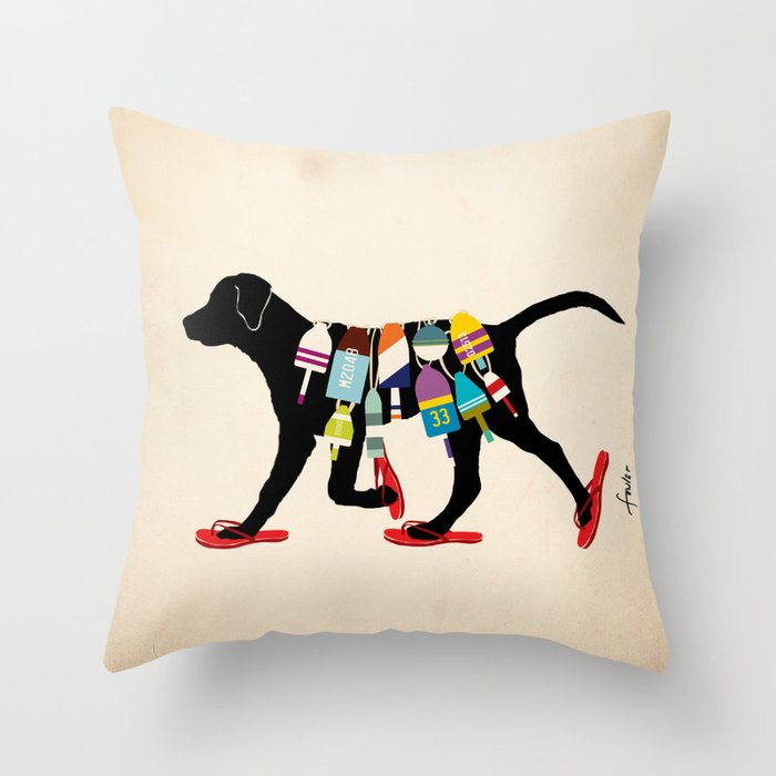 Black dog lab labrador buoy nautical beach ocean sandals flip flop art Throw Pillow Gallery Image 3