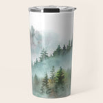 Watercolor Pine Forest Mountains in the Fog Travel Mug Gallery Image 1