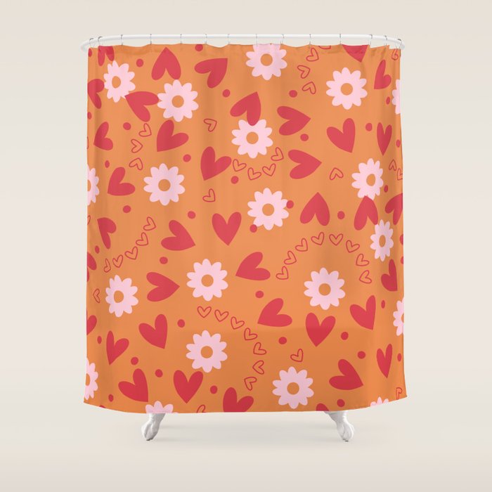 Hearts and Flowers on Orange Shower Curtain Gallery Image 1