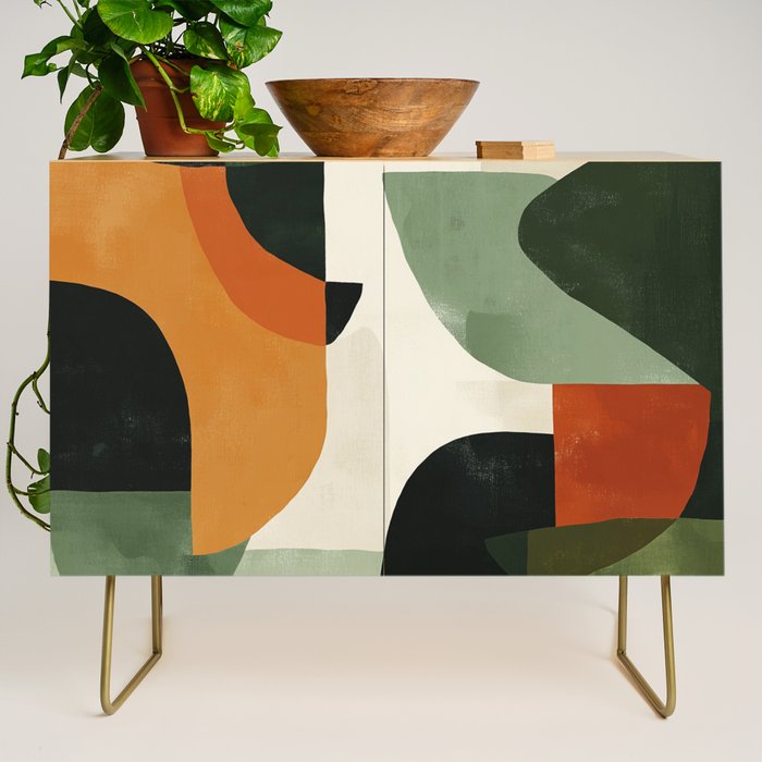 Earthy Mid-Century Abstract Composition in Olive, Rust, and Charcoal Tones Credenza Gallery Image 1