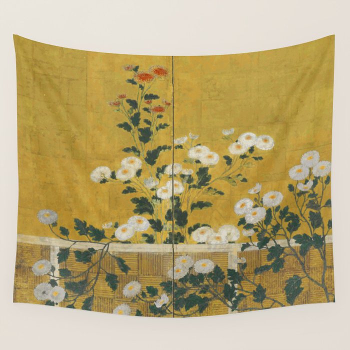 Red and White Chrysanthemums Vintage Japanese Gold Leaf Screen Wall Tapestry Gallery Image 3