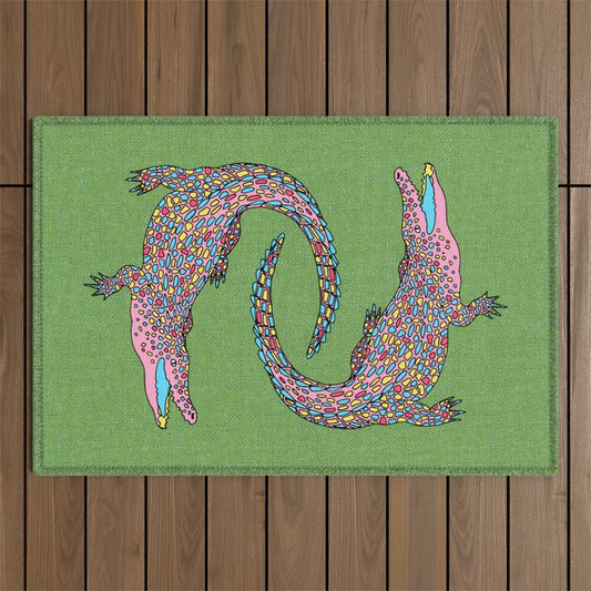 Crocodiles (Textured Green and Pink) Outdoor Rug Gallery Image 1