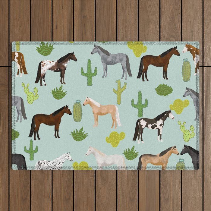 Horses Cactus - horse, cactus, western, texas, cowgirl, girl, cactus fabric, blanket, horse Outdoor Rug Gallery Image 1