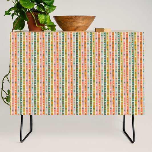 Colorful vintage flower stripe art pattern Credenza Gallery Image 2