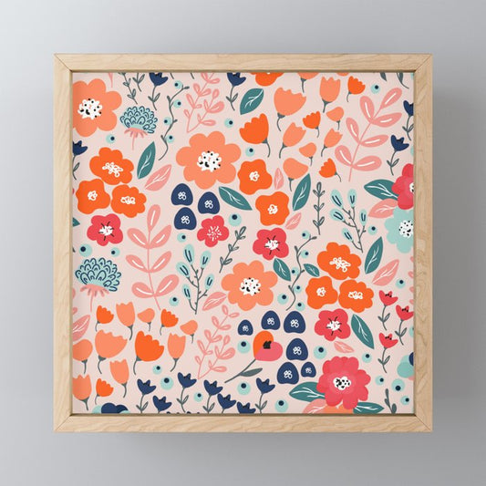 Ditsy Florals, Pink, Orange, Teal, Navy Mini Art Print Gallery Image 1
