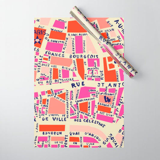 paris map pink Wrapping Paper Gallery Image 1